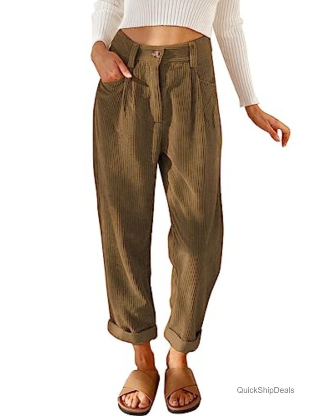 Corduroy Pants Women Straight Leg High Waisted Vintage Trousers 100% Cotton